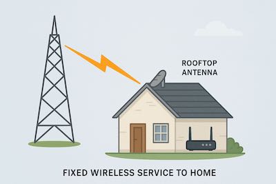Diagram of broadband wireless service from broadcast tower to home network